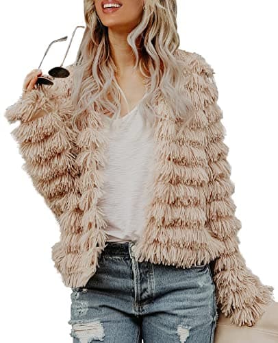 Inorin Womens Fall Open Front Cardigan Faux Fur Coat Vintage Parka Shaggy Jacket Warm Coat Tops (Coffee, Small)