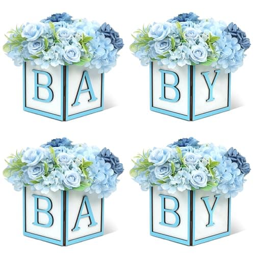 MASTRON Baby Shower Boxes Decorations 4Pcs Wood Baby Blocks with Printed Baby Letter Blue Baby Shower Centerpieces for Table Gender Reveal Neutral Baby Shower Supplies