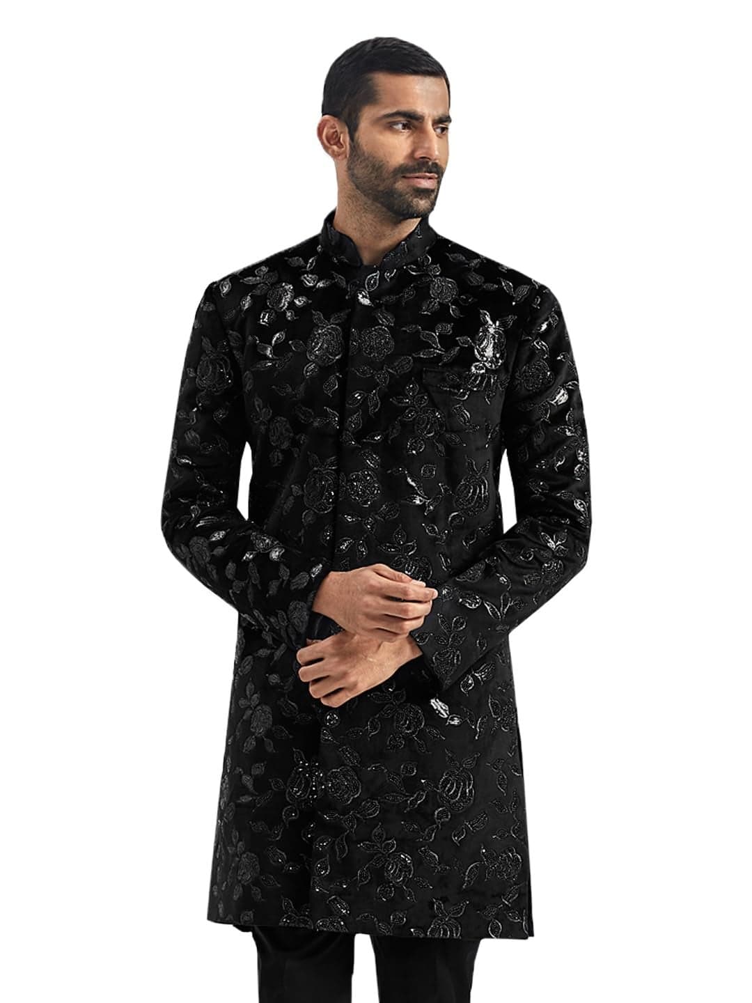 VASTRAMAY Men's Black Velvet Sherwani Only Top, Velvet Embroidered Sequiend Indo Western for Men for Weddings & Festivals, Traditional Ethnic Wear Outfit