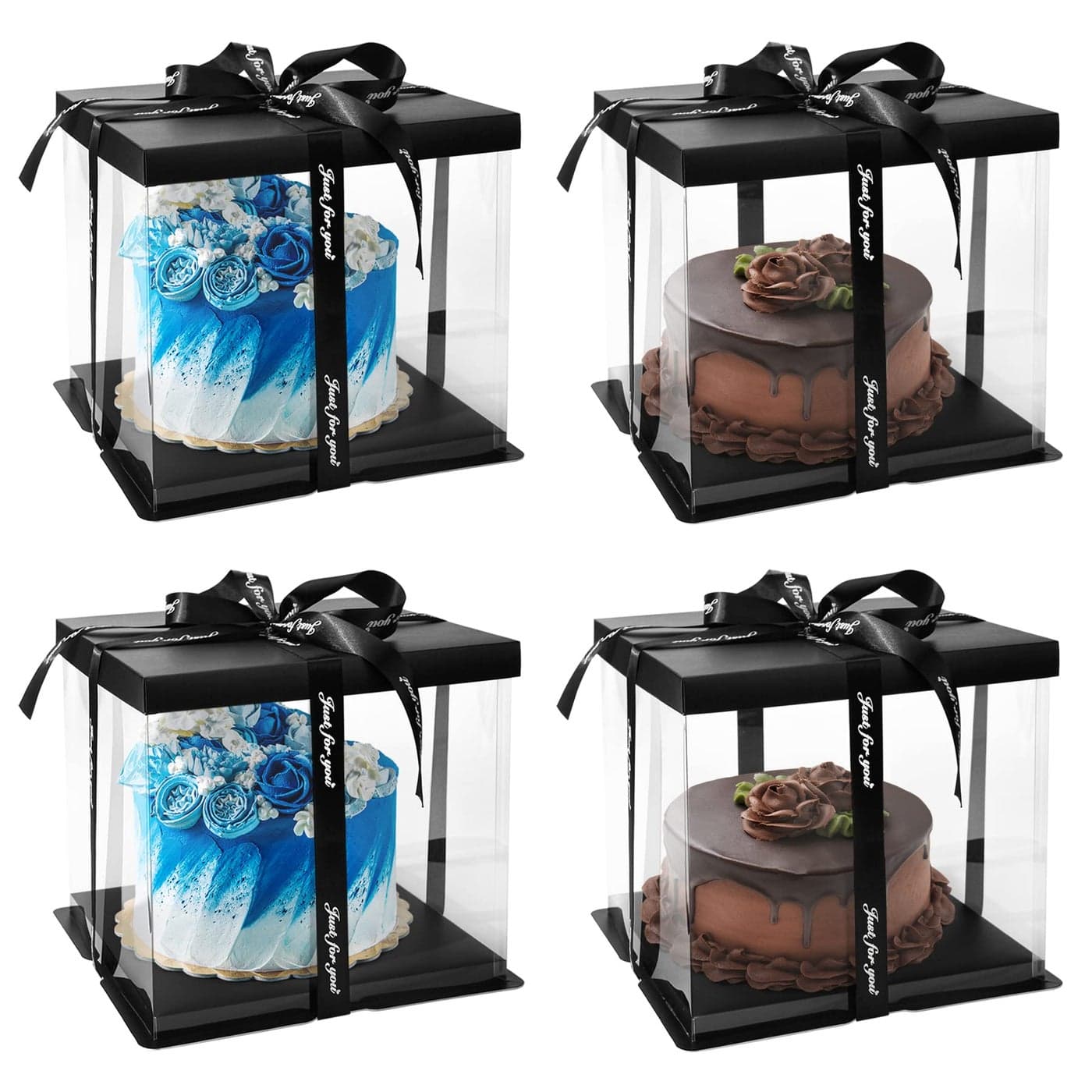 HOYA PONYOO 4 Pack Clear Cake Box Carrier 10 X 10 X 9 Cake Packaging Container with Ribbon Transparent Boxes with Lid Gift Package for Birthday Wedding Party Black