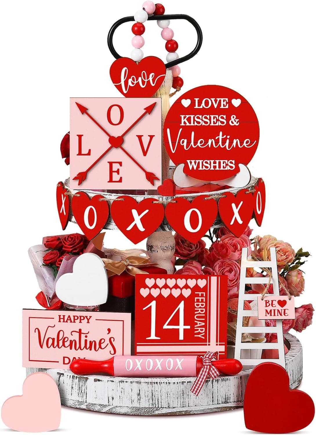 Spiareal 15 Pcs Tiered Tray Decor Set Red Heart Wooden Signs Table Decorations Farmhouse Decorative Trays Signs for TabletopRed Pink