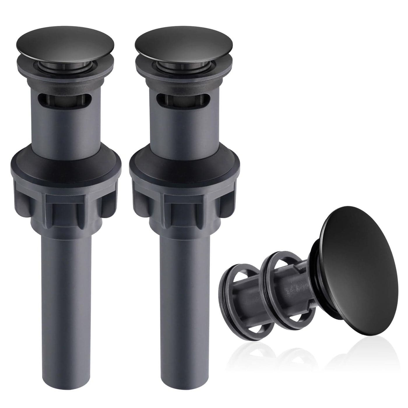 Hibbent 2 Pack Universal Bathroom Sink Drain Stopper Pop Up Drain Strainer with Overflow Push and Seal Sink Plug with Basket for Lavatory Vanity Vessel AntiClogging Strainer Matte Black