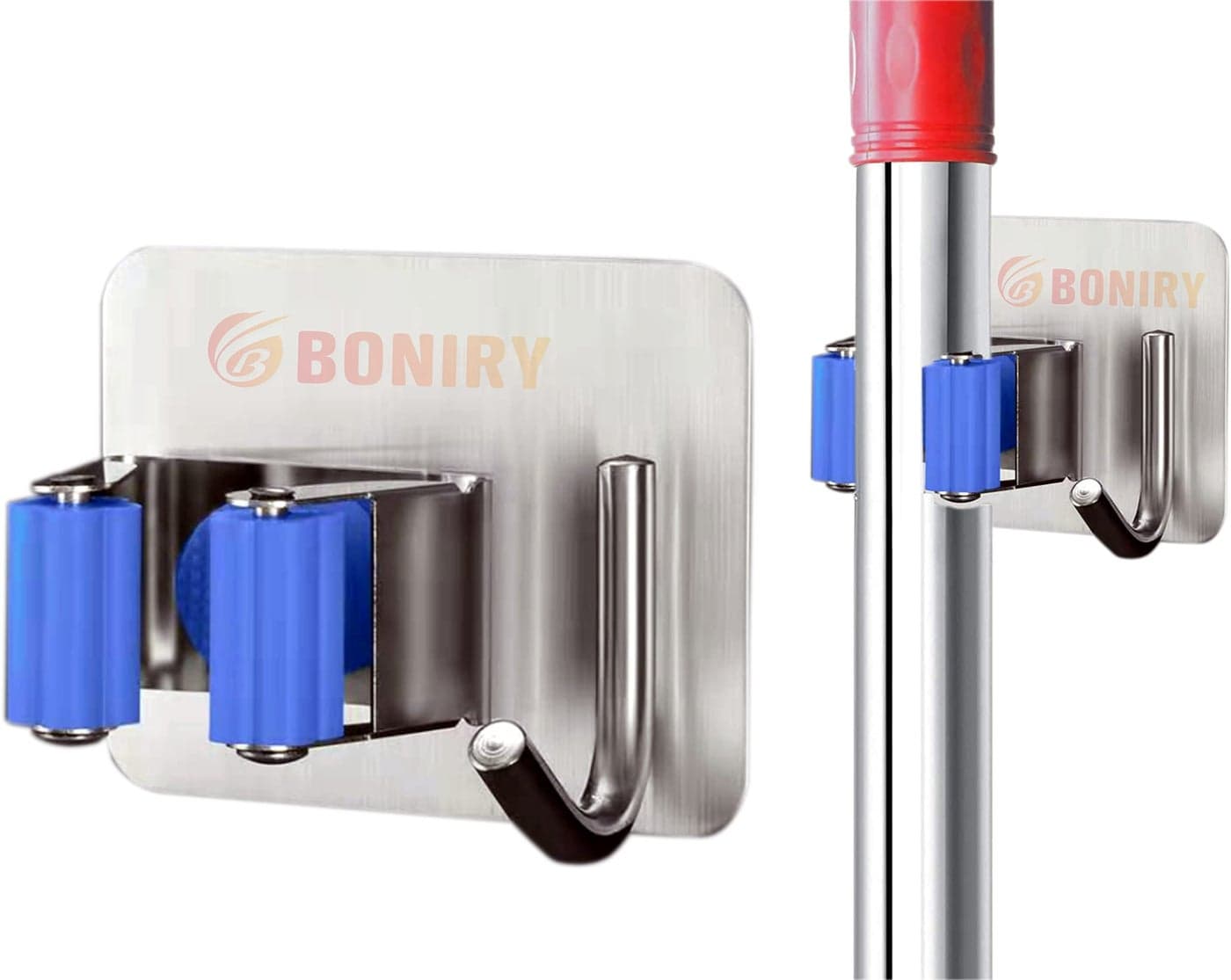 Boniry Broom and Mop Holder Wall Mounted self Adhesive, 304 Metal Stainless Steel Broom Organizers and Storage, Utility Storage Rack Heavy Tools Hanger for Bathroom Kitchen Office Closet (Blue 3)