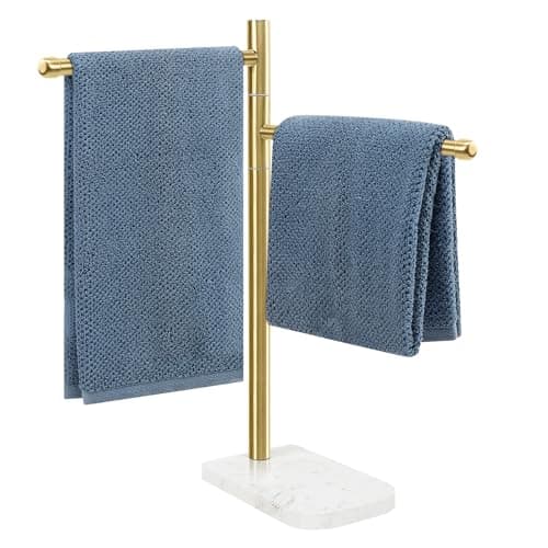 BathAce Hand Towel Holder, F-Shape Hand Towel Stand with Marble Base, Stainless Steel Swivel Hand Towel Rack Bar Standing for Bathroom Kitchen Countertop, 2 Arms (Gold)