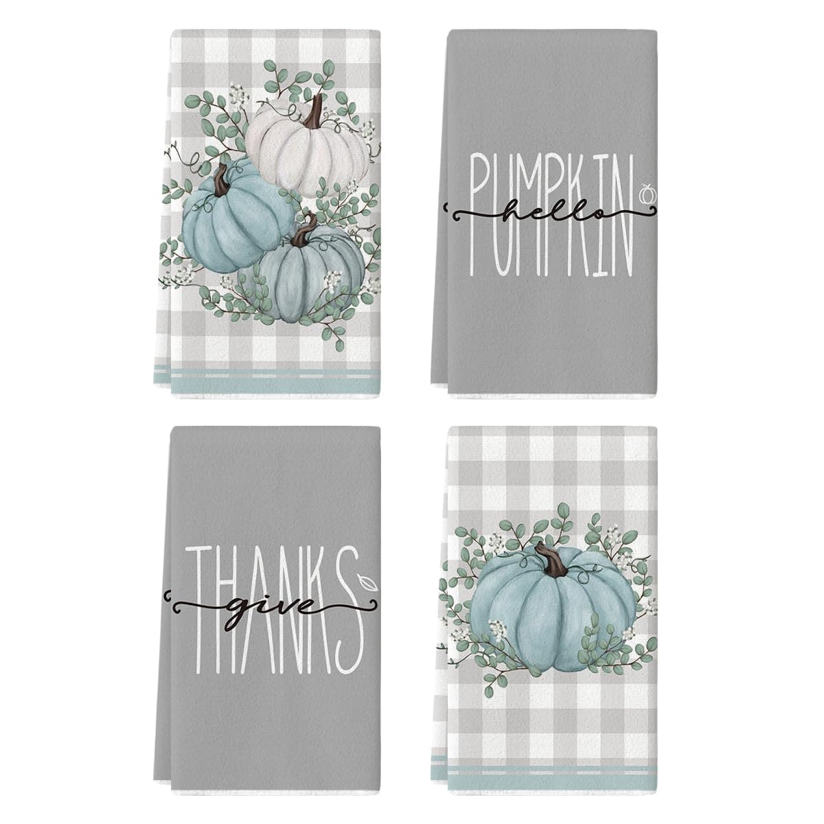 Artoid Mode Grey Eucalyptus Leaves Hello Pumpkin Fall Kitchen Towels Dish Towels 18x26 Inch Farmhouse Give Thanks Decoration Hand Towels Set of 4