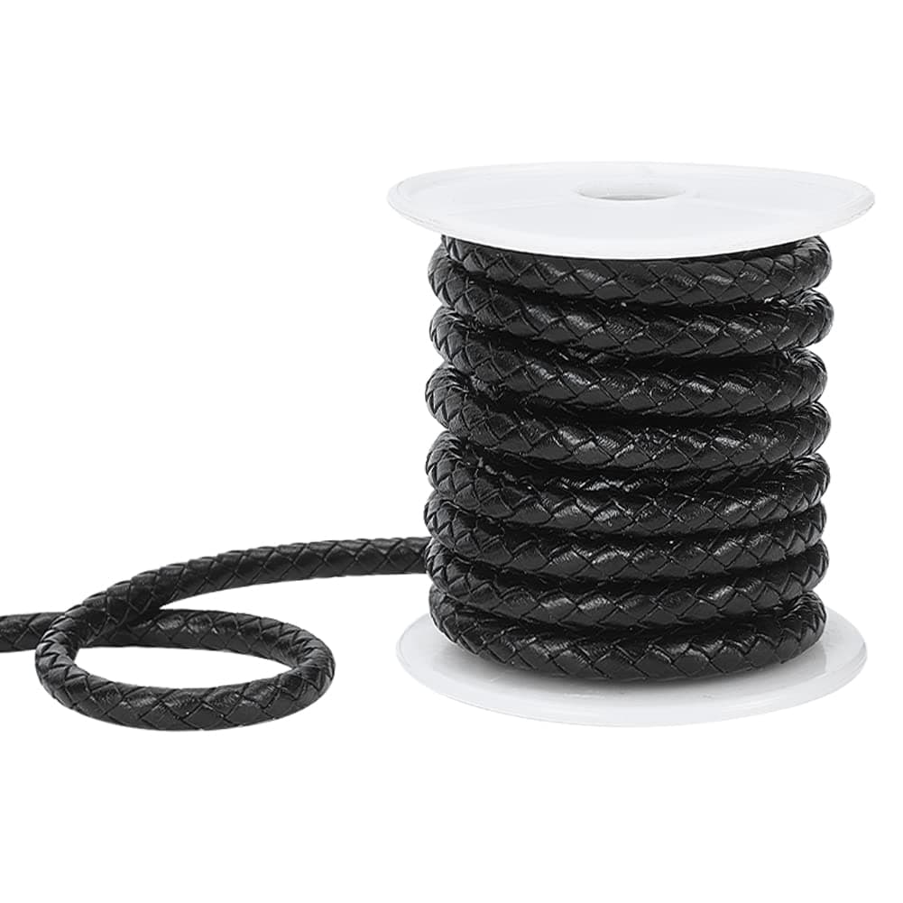 PH PandaHall 44 Yard 5mm Round Folded Bolo PU Braided Leather Cord Bolo Tie for Necklace Bracelet Jewelry Making Black