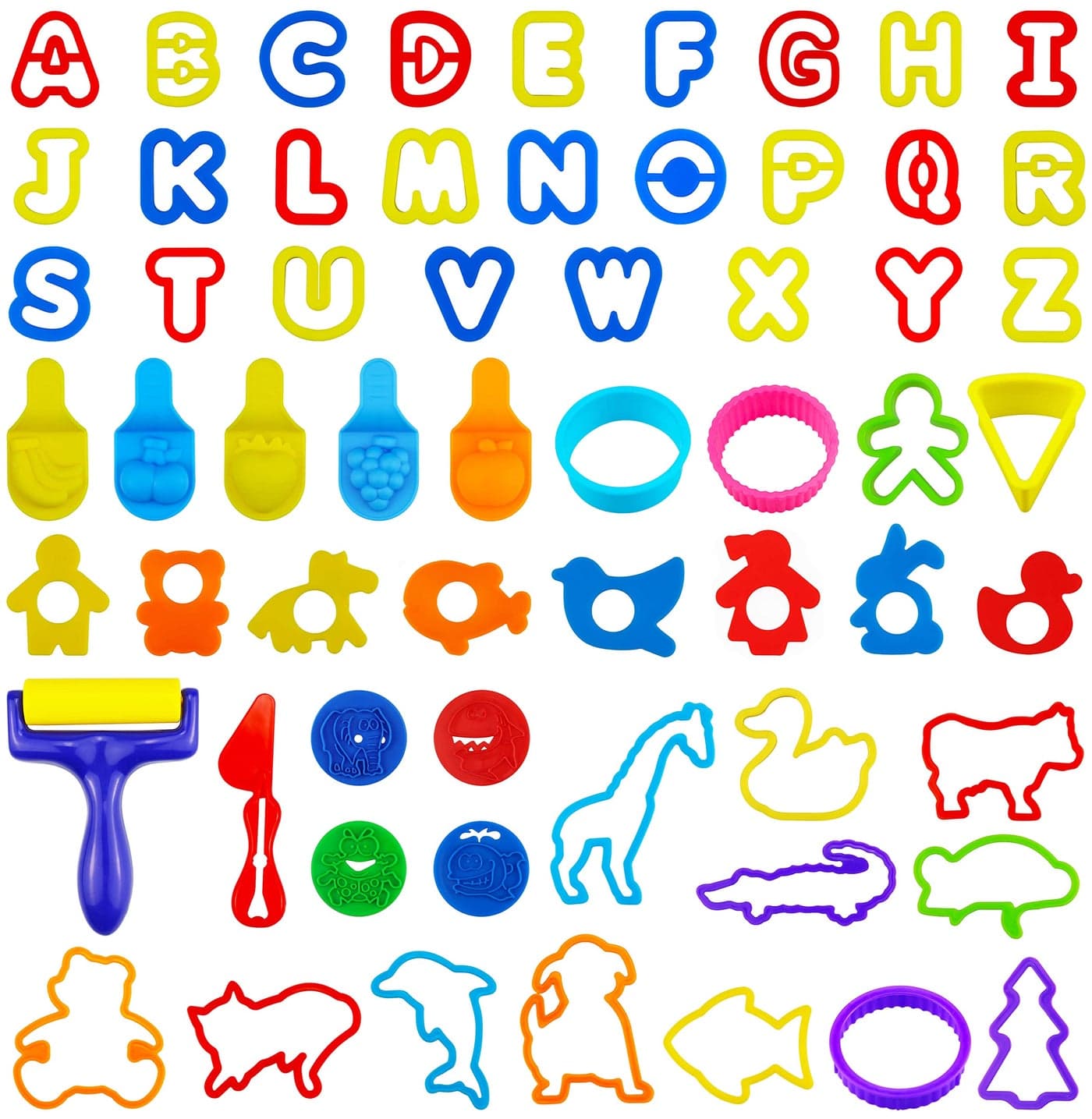 FRIMOONY Plastic Dough Tools for Kids with Capital Letters Cookie Cutters Stamps MultiColor 61 Pieces