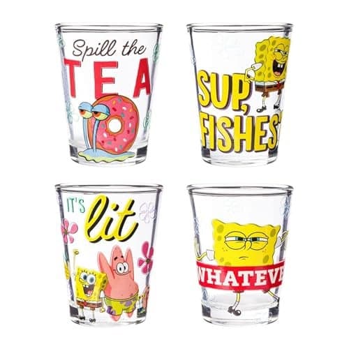Silver Buffalo Spongebob Squarepants Featuring Patrick Star and Gary Quotes Set 4 Pack Mini Glass Set, 1.5 Ounces