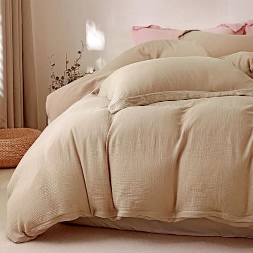MorroMorn Muslin Duvet Cover Queen Size, 100% Breathable Cotton Comforter Cover Sets, Ultra Soft 2-Layer Gauze Duvet Cover Set 3 PCS with 2 Pillowcases, Lightweight Linen Like, 90"x90", Linen Beige