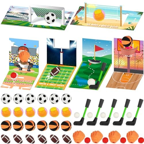 Poen 60 Set Valentines Day Sports Game Cardswith Ball Erasers for Kids Valentine Classroom Gift Exchange Prizes School Funny Sport Eraser Valentines Party Favors