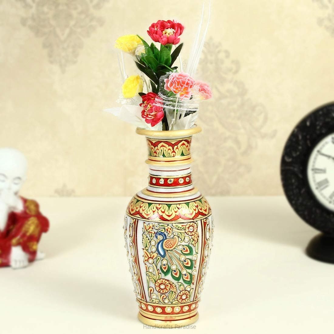 Marble Flower Vase with Beautiful Peacock Design and kundan Work by Handicrafts Paradise