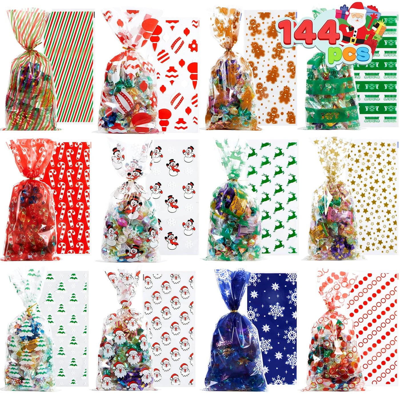 JOYIN 144 PCS Christmas Cellophane Bags with Ribbon for Holiday Treats Christmas Clear Cello Gift Candy Cookie Bags for Party Favors Festivals Presents Party Supplies 11 X 5