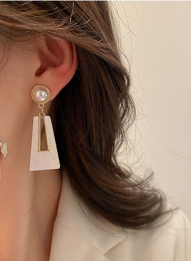 Minimalist Gold Tone Geometric Drop Earrings with Round Pearl and White Trapezoid Pendant Elegant Daily Jewelry Gift for Women/Girls, Party, Wedding, Daily Wear, Valentine's Gift