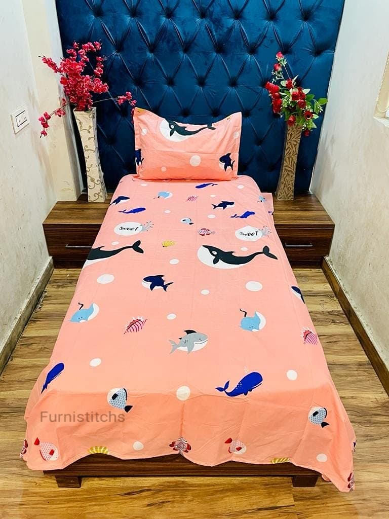 Furnistitchs Microfiber Kids Cartoon Print Single Bed Sheet with 1 Pillow Cover 60"X 90" inches Cotton Feel, Pink Fish