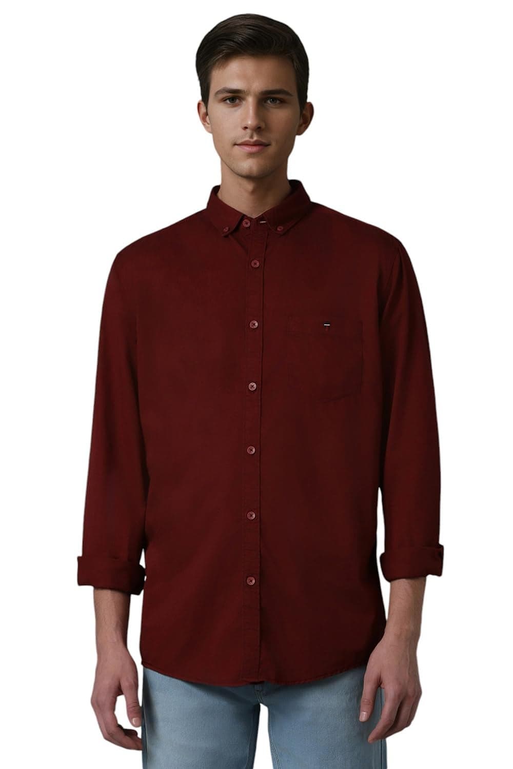 Louis Philippe Men's Cotton Solid Slim Fit Shirt (Lrsfnslp780092_Maroon,40