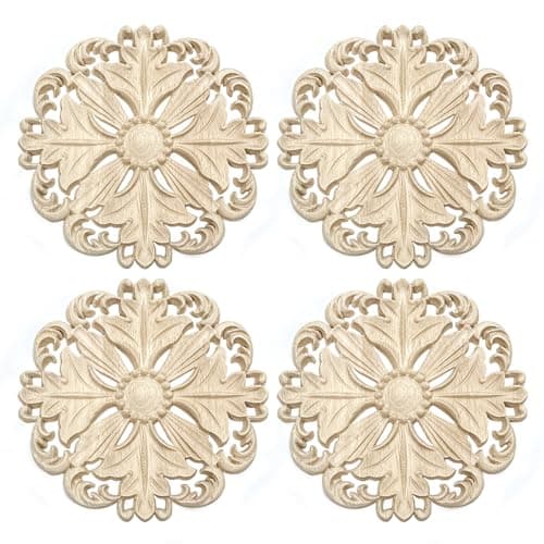 6Pcs Wood Appliques and Onlays Rosettes for Furniture Decorative Round Wooden Carved Applique Decals Onlay 51 x 51 inch Unpainted for Door Cabinet Bed Wardrobe Closet Decoration Leaf516pcs