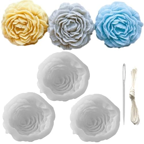 3 Pack Peony Silicone Candle Mold Flower Mold Resin Casting Molds with Large-Eye Wicking Needle,Candlewick for DIY Scented Candle, Soy Wax, Cake, Soap,Craft Making