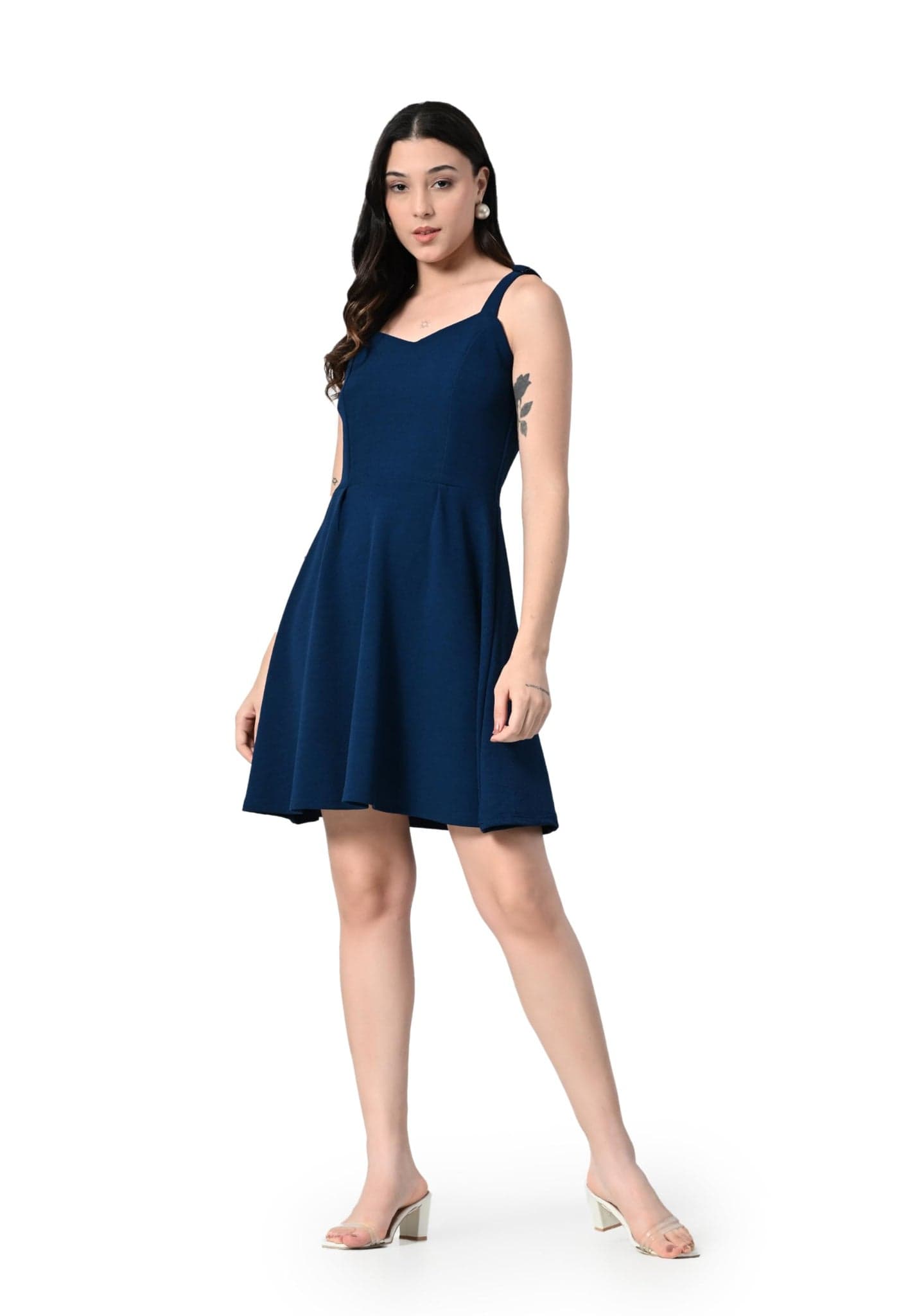 OWL MINK Women's Summer Sweatheart Neck Sleeveless, Fit and Flare Dress| Knee Length Dress |Beach/Party/Wedding Guest Dresses (in, Alpha, XS, Regular, Navy)