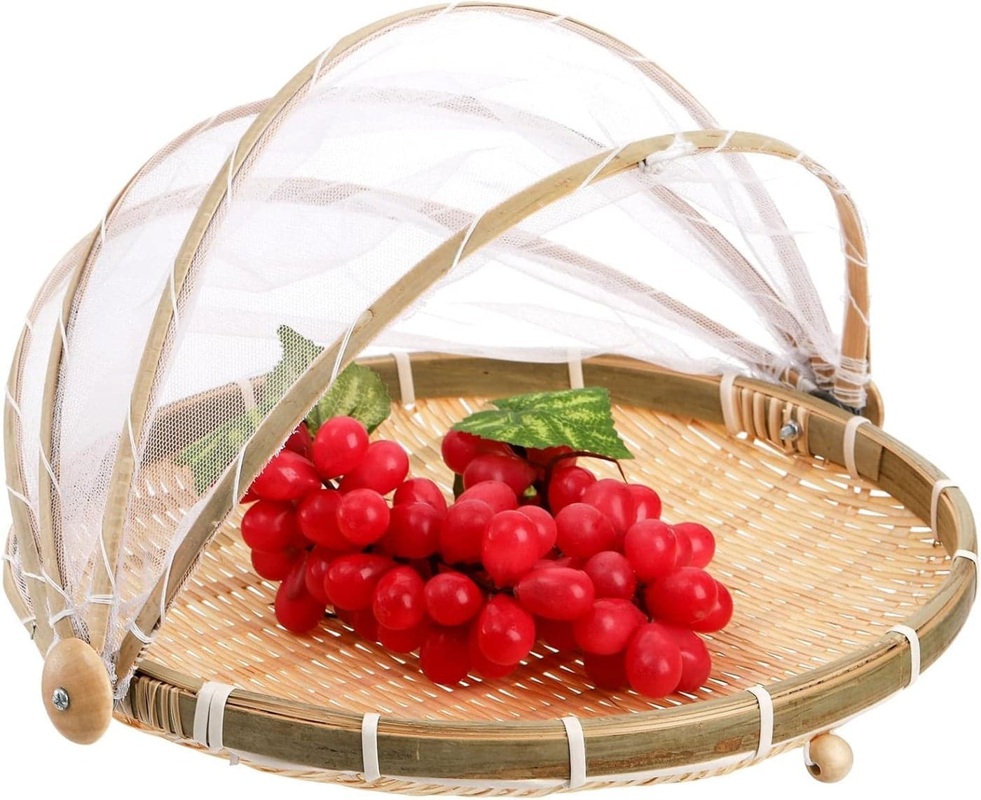 Store2508 Food Serving Tent Basket, 30cm Hand-Woven Bamboo Food Serving Basket with Cover Dustproof Round Picnic Tray for Vegetable Fruit Bread Meals