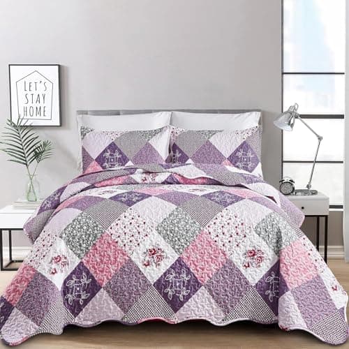 Dinjoy Purple Quilt Set Queen Size, Reversible Floral Plaid Patchwork Pattern Bedding Set Soft Microfiber Lightweight Bedspread Coverlet 3 Piece Spring Summer Use (90x90 inches)