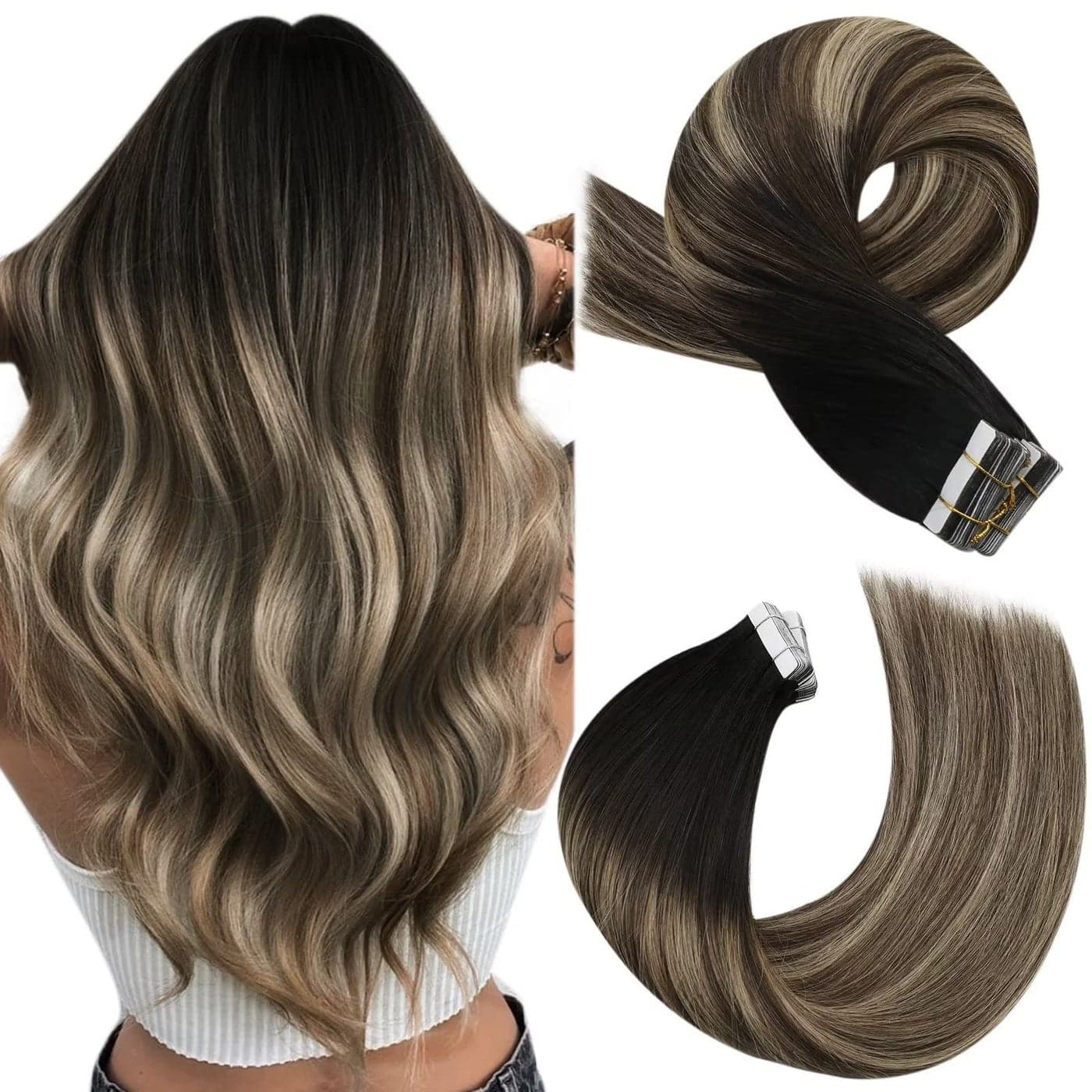 Moresoo Black Ombre Tape in Hair Extensions Human Hair Invisible Tape in Extensions Real Hair Balayage Off Black to Brown Mix with Blonde Hair Extensions Real Human Hair 14 Inch 1B327 20pcs 50g