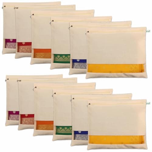 JD FRESH 12 Pcs Cotton Saree Bags/Covers For Storage (16 X 14 Inches) With Zip Closure For Clothes Bags And Wardrobe Organizer With Transparent Mesh Window (Off White)