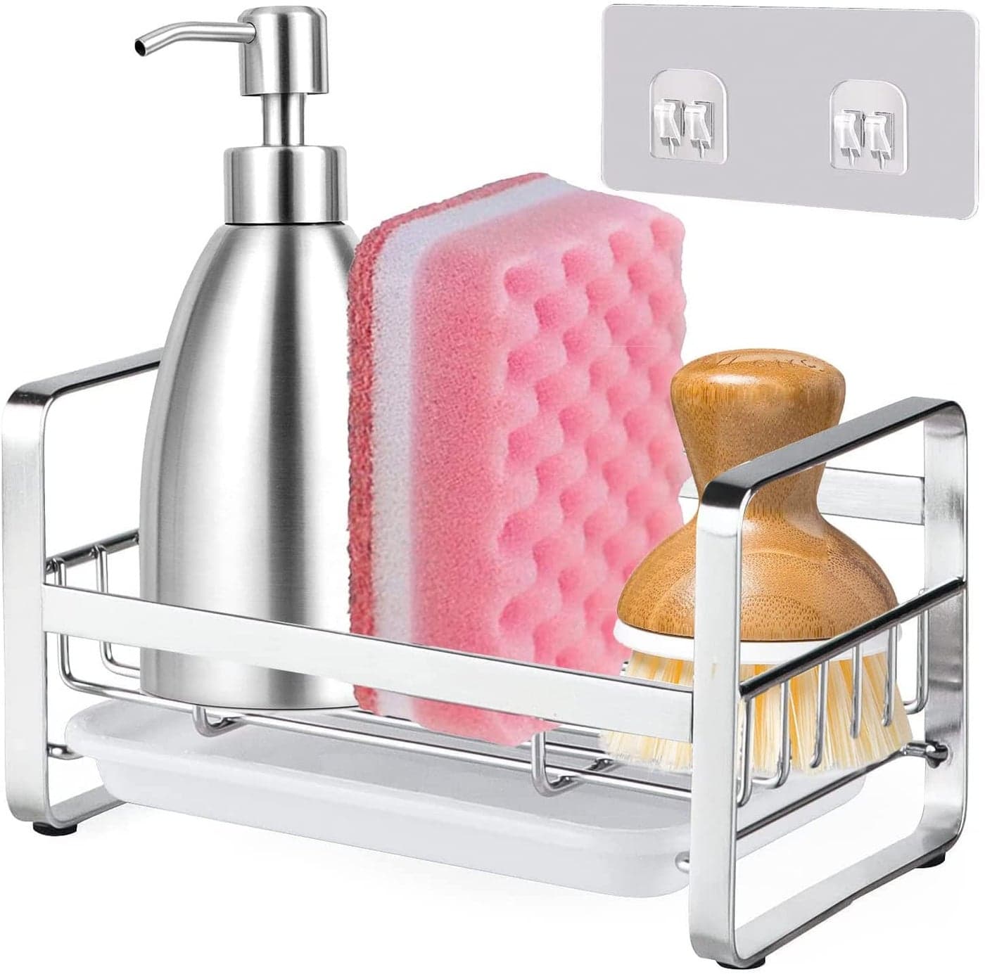 Golden bird Kitchen Sink Caddy Sponge Holder, Silver Sink Organizer, Sponge Holder, Soap Dish Dispenser Brush Holder Storage Kitchen Accessories -Countertop or Adhesive