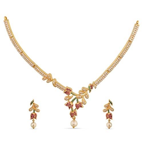 TARINIKA Jivisha Necklace Set with Earring for Women Wedding Bridal Jewelry set with Cubic Zirconia Stone and Pearl, Gold Plated Brass Jewelry for Brides/Bridesmaids/Party/Gift for her