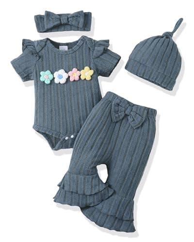 Renotemy Newborn Girl Clothes Outfit Spring Summer Baby Girl Newborn Essentials Preemie Baby Clothes Short Sleeve Coming Home Outfits Gifts Dusty Blue Romper Bell Bottom Pants Bodysuit Clothing Set