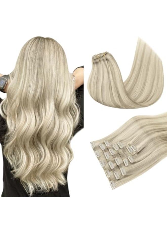 MAXITA Clip in Hair Extensions Real Human Hair 12 Inch 7 pcs Ash Blonde Highlighted Platinum Blonde 80g Extensions Clip ins for Woman
