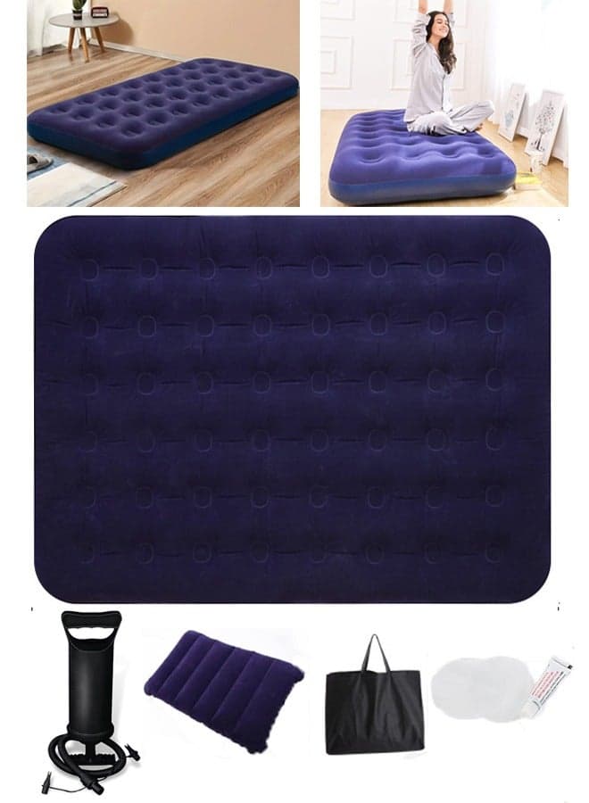 Thick Foldable Outdoor Camping Air Flocking Mattress - Portable, Inflatable, Ultra Comfortable with Hand Pump, Air Pillow and Accessories, Ideal for Camping, Hiking and Travel (203x152x22 cm)