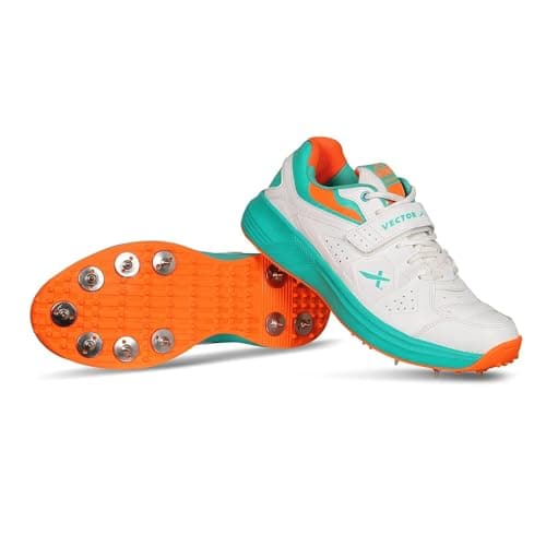 Vector X CKT- 200 Full Spike Cricket Shoes for Men PU Material Breathable Mesh Professional Field and Track Shoes (White-Blue-Orange, Size-6)