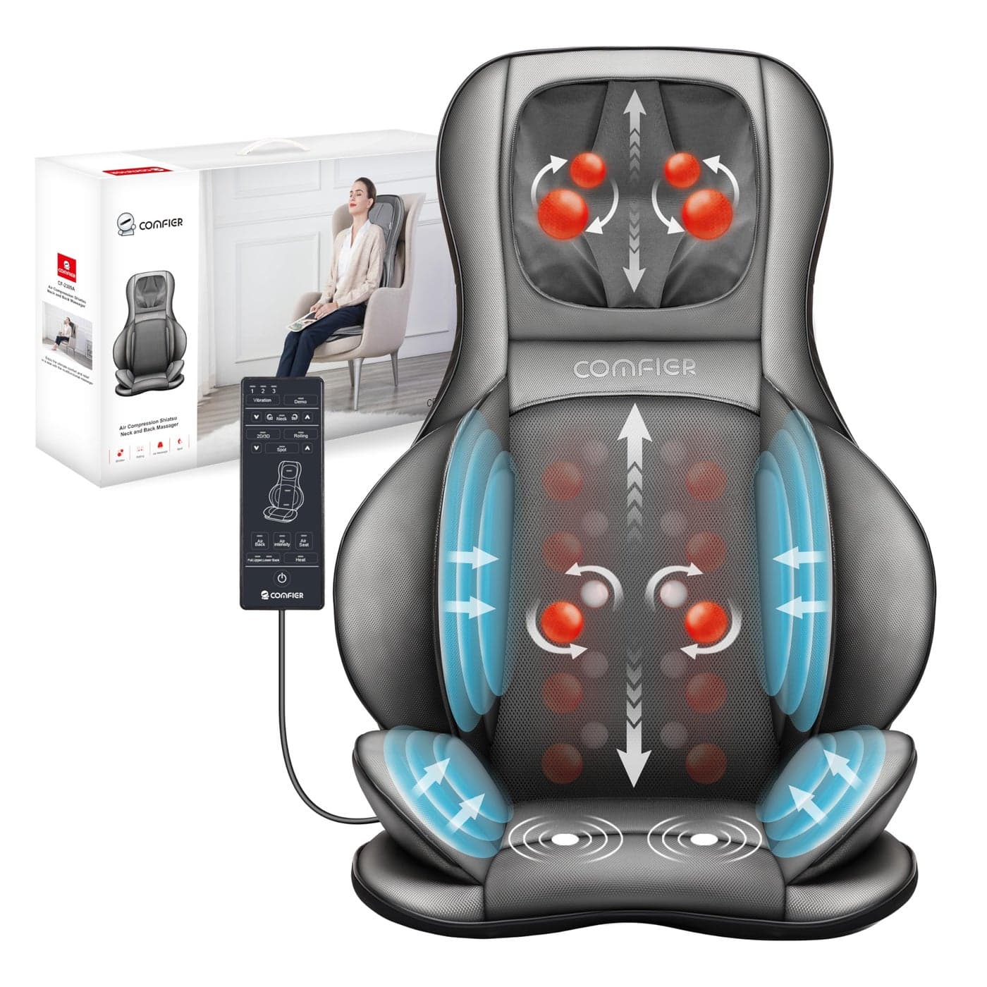 COMFIER Massager Chair with Heat Shiatsu Neck Back Massager Portable with Compress RollingMassage Chair Pad for Full Back Neck ShouldersFull Body Pain Gray