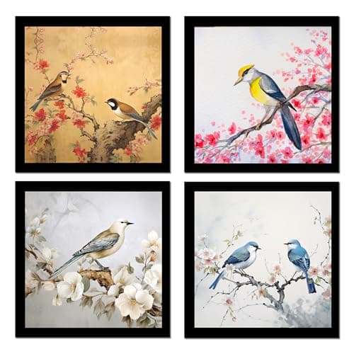 Rousrie Floral & Birds Theme Wall Art, Set of 4 Black Frame Prints, 9 x 9 Inches, Textured Posters for Living Room (Design 2)