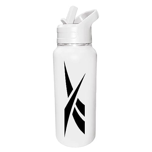 Reebok Stainless Steel Water Bottle With Straw Cap & Athletic Design - 32 oz - Double Wall Vacuum Insulated Sports Water Bottle With Straw, BPA Free (White with Black Vector)