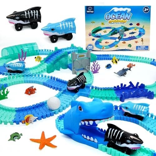 USA Toyz Ocean Race Tracks for Kids 265pk Speedway Race Car Track Set with 225 Flexible Roads 3 Shark Toy Cars Tunnels Bridges Intersection Sea Animals STEM Building Toy for Boys and Girls