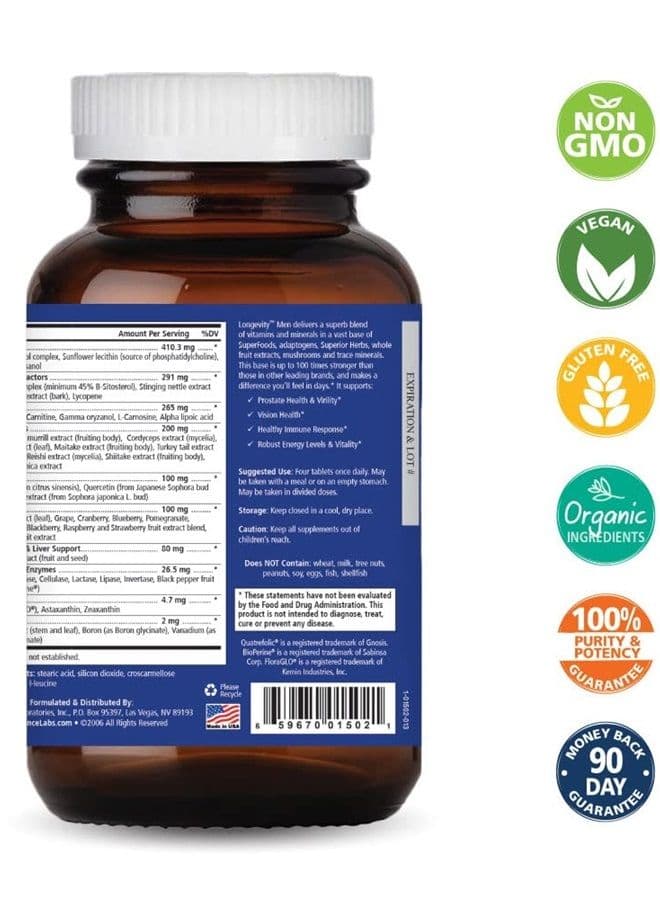 Longevity Multivitamin for Men Over 40 - Super Energetic with Superfoods, Minerals, Enzymes, Vitamin D3, B12, Biotin - 120 Tablets