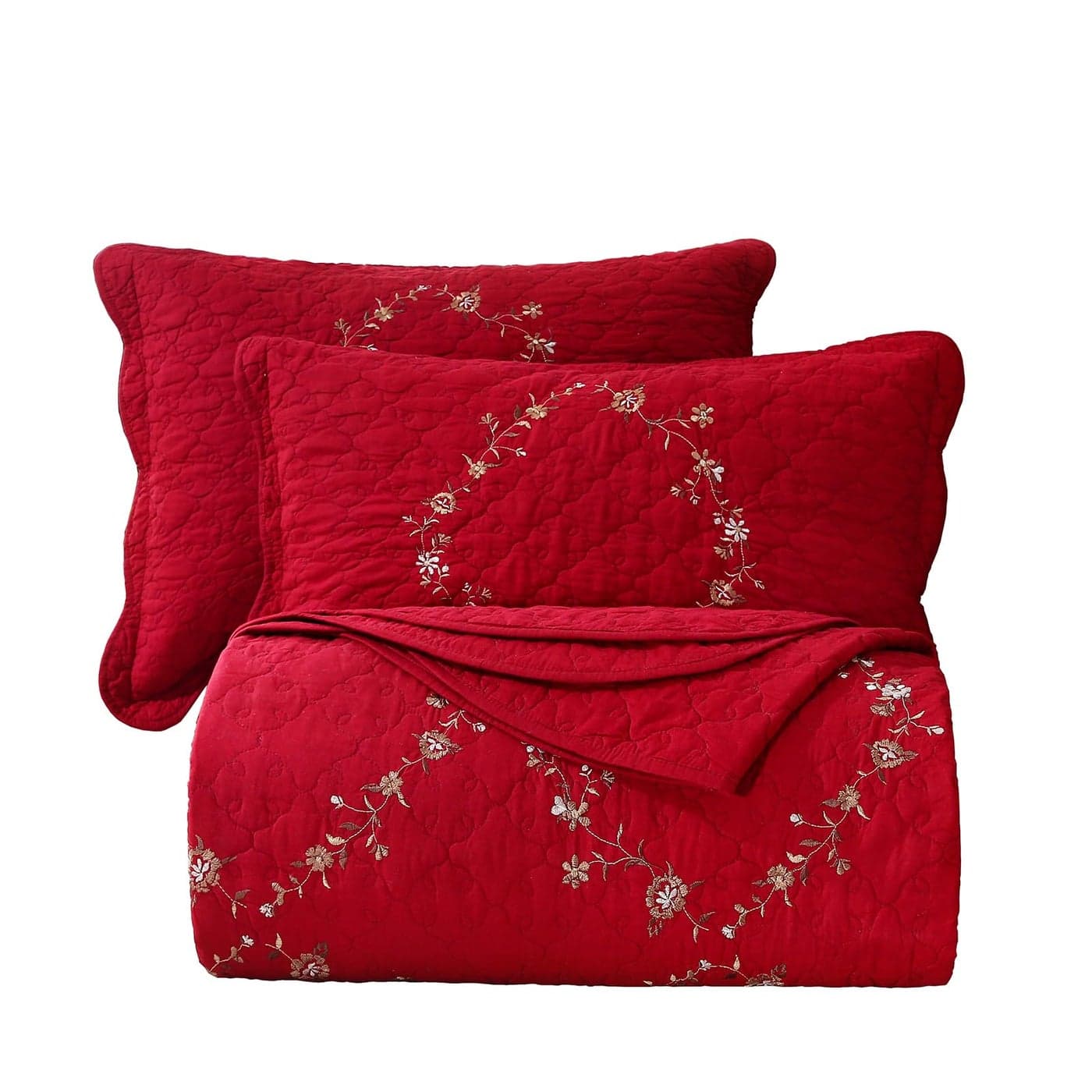 vctops 3Piece Floral Embroidered Bedspread Coverlet Set Oversized Queen 100 Cotton Reversible Patchwork 1 Quilt and 2 Pillow Shams RedOversize Queen