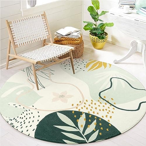 Lahome Boho Round Rugs - 4Ft Washable Non-Slip Small Round Area Rug Throw Soft Cute Round Nursery Rug Non-Shed Lightweight Bathroom Rug, Green Botanical Print Circle Rug for Bedroom Dorm Kids Room