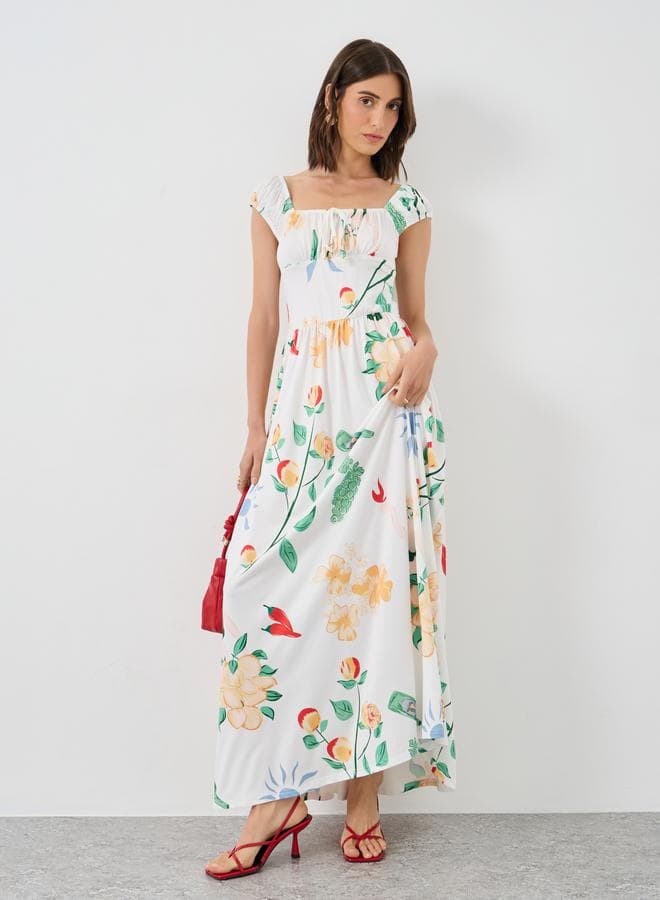 Take Two Floral Print Gathered Detail A-Line Maxi Dress