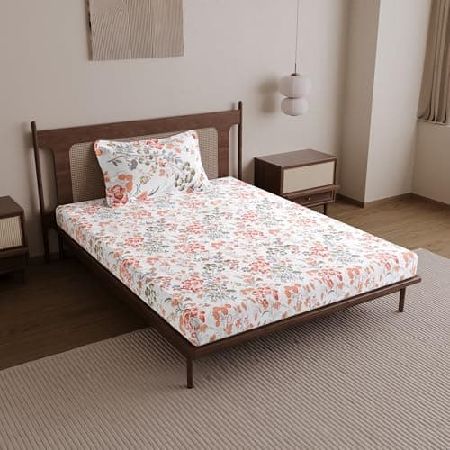Divine Casa 144 TC 100% Cotton Bedsheet for Single Bed with 1 Pillow Cover (Size 145 X 223 cm, Floral, Coral Pink)