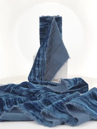 HUIHUANG Blue Velvet Ribbon 3 inch Velvet Frayed Velvet Ribbon Crinkled Raw Edge Ribbon for Wreaths Christmas Decor Flower Bouquet Gift Wrapping Bows Making Wedding Bridal Shower Decor