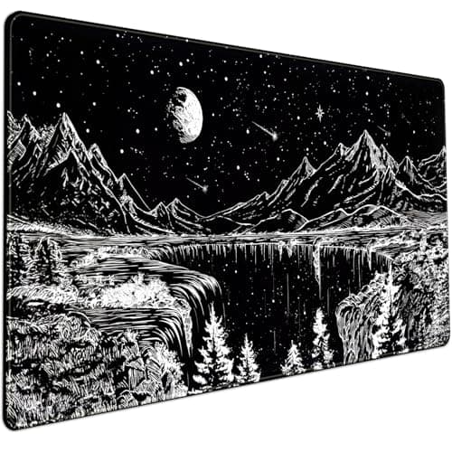 Black and White Desk Mat Dark Nature Forest Mouse pad XXL Starry Night Mountain Desk pad Aesthetic Moon and Stars Mousepad XXL for Laptop Computer Mouse Gaming Keyboard Mat, 31.5 X 15.8 in
