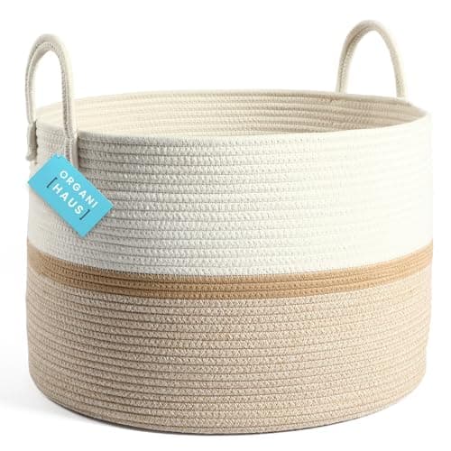 OrganiHaus Boho Woven Basket for Blankets and Laundry Decorative Large Storage Bin for Living Room Nursery Basket for Toys Clothes Soft Cotton Rope with Handles 20x13 inches Striped Honey