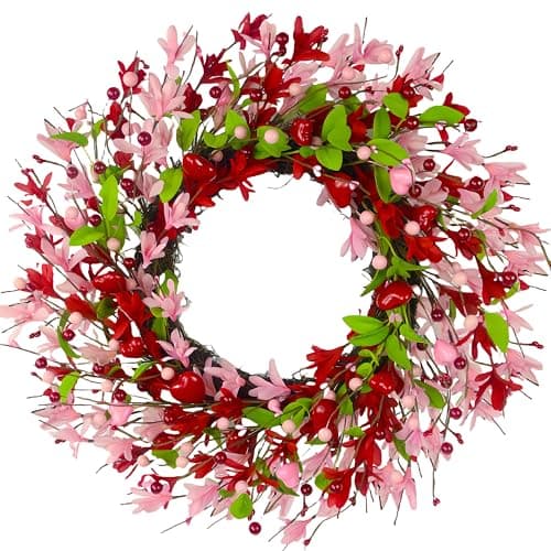 zjlmit 20 Inch Valentine's Day Wreath, Valentines Day Wreaths for Front Door with Pink Forsythia Flowers, Heart Shaped Berries and Green Leaves for Window, Wall and Anniversary Party Decorations