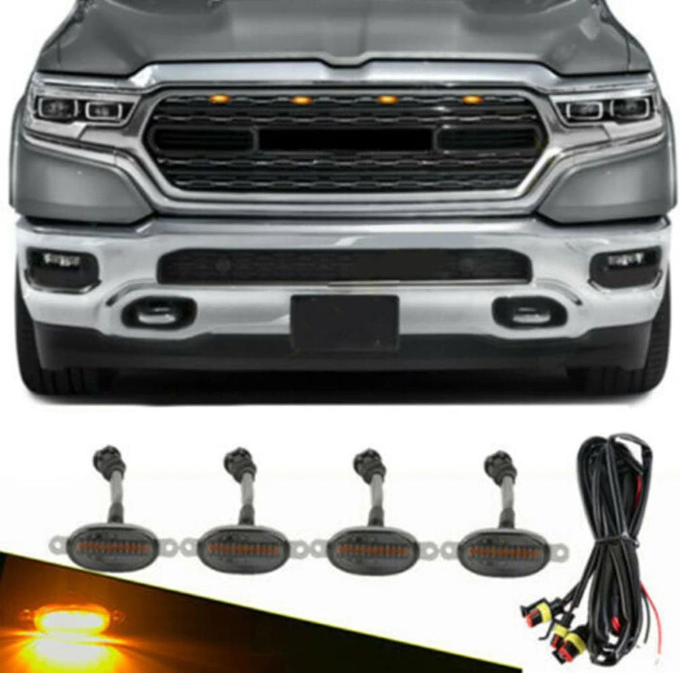Automaze 4 Pc Grill Light Waterproof Car Led Grille Amber Lights Smoked Lens Ultra Bright Raptor Style Grill Light Universal for Car, Truck, SUV