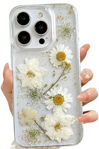 LSEEKA for iPhone 16 Pro Clear Case with Pressed Real Flowers Design,Glitter Cute White Floral Pattern Slim Soft TPU Protective Women Girl's Phone Cover for iPhone 16 Pro
