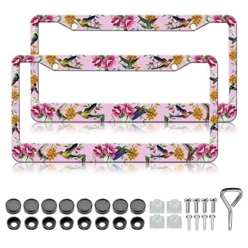 LIN KANG Florals Hummingbird License Plate Frames 2 Pack Personalise Pink Car Plate Frame Universal Accessories Aluminum Car Tag Frames for Women Fits Standard US Vehicles