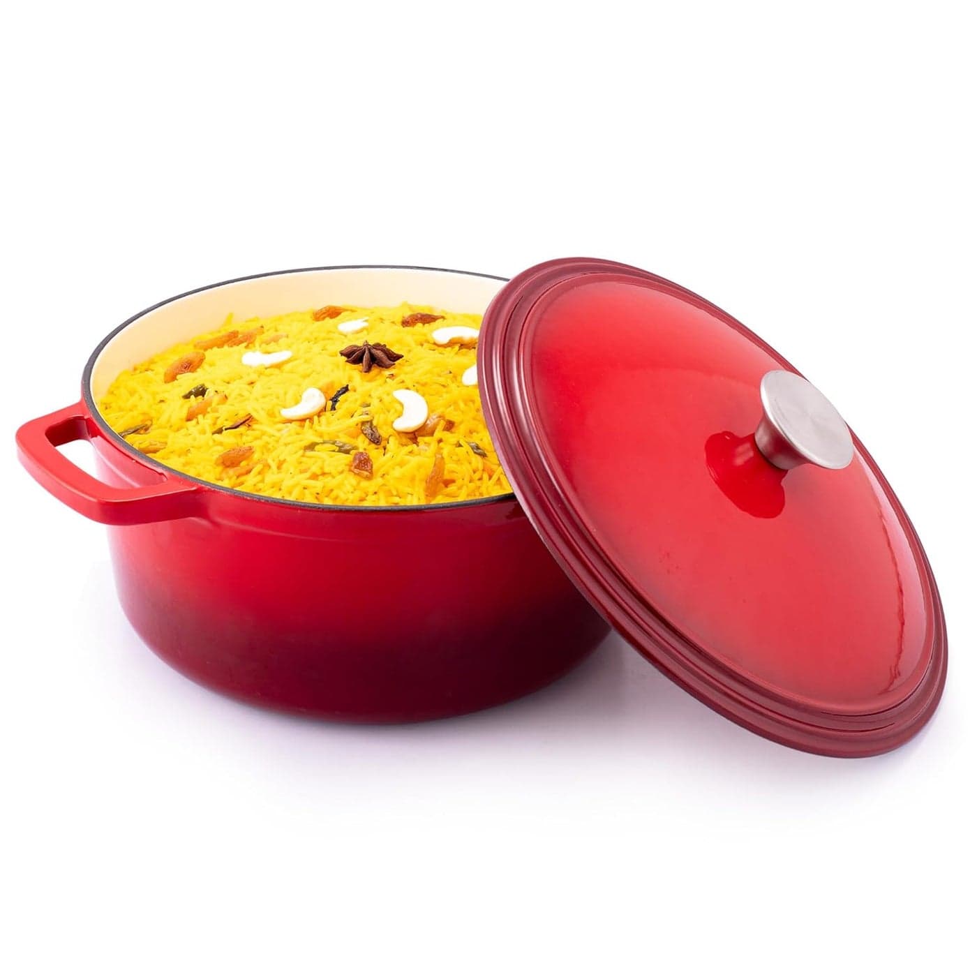 AGARO Royal Enamelled Cast Iron 5L Casserole with Lid Cooking Pot No Chemical Coating Fast Heat Heavy Weight Gas Induction Oven Compatible for Meat Dal Curry Biryani Pulao Red