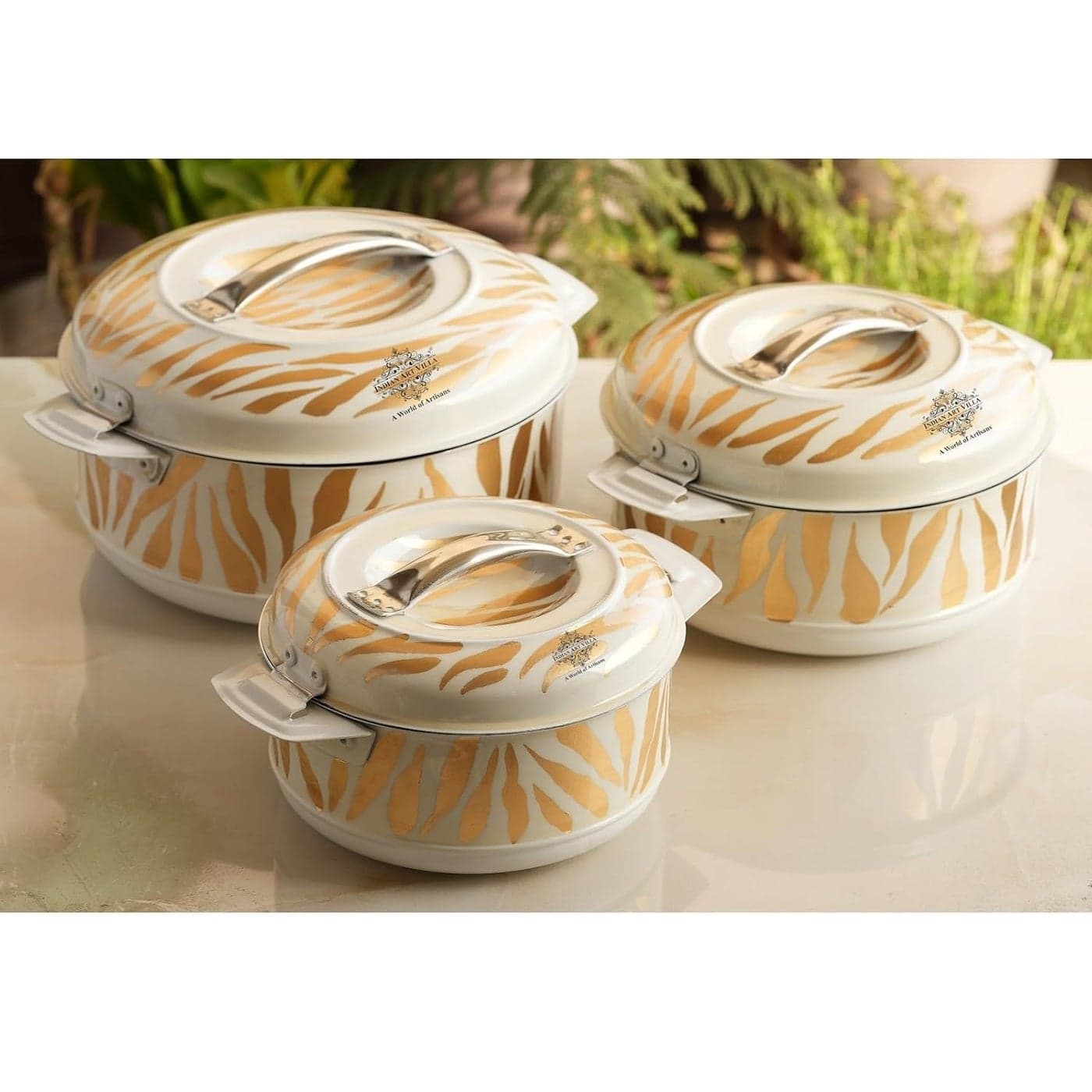 Indian Art Villa Stainless Steel Casserole Set of 3 Tiger Print Design Hot Pot Case for Serving and Storing Food 3 Sizes Small Medium Large